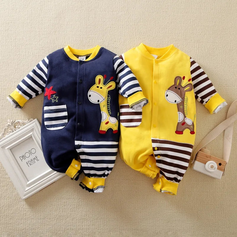 Cotton Giraffe Embroidery Applique Stripe Design Print Long-sleeve Baby Jumpsuit