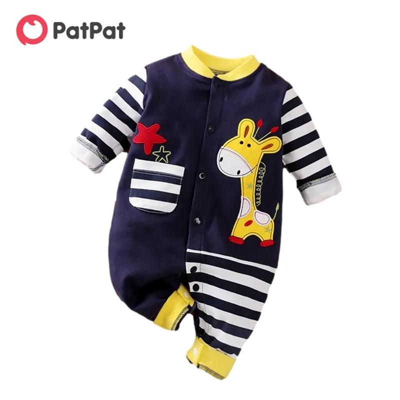 Cotton Giraffe Embroidery Applique Stripe Design Print Long-sleeve Baby Jumpsuit