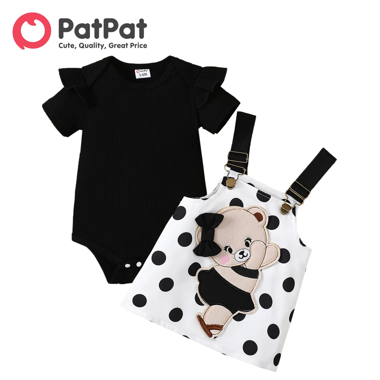 2-pc Ruffle Trim Short-sleeve Romper and Bear Graphic Polka Dots Overall Dress Set