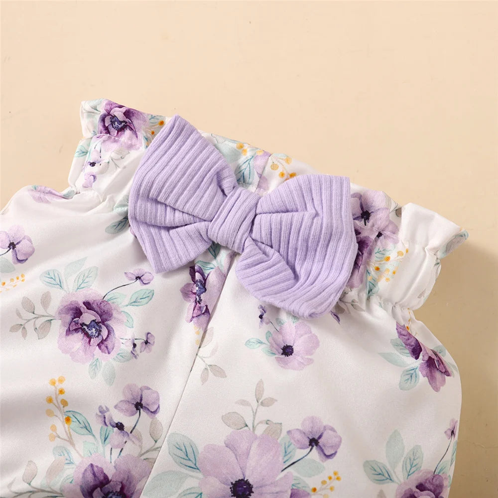 Baby Girl Purple Short Sleeve Romper + Flower Shorts with Headband Set