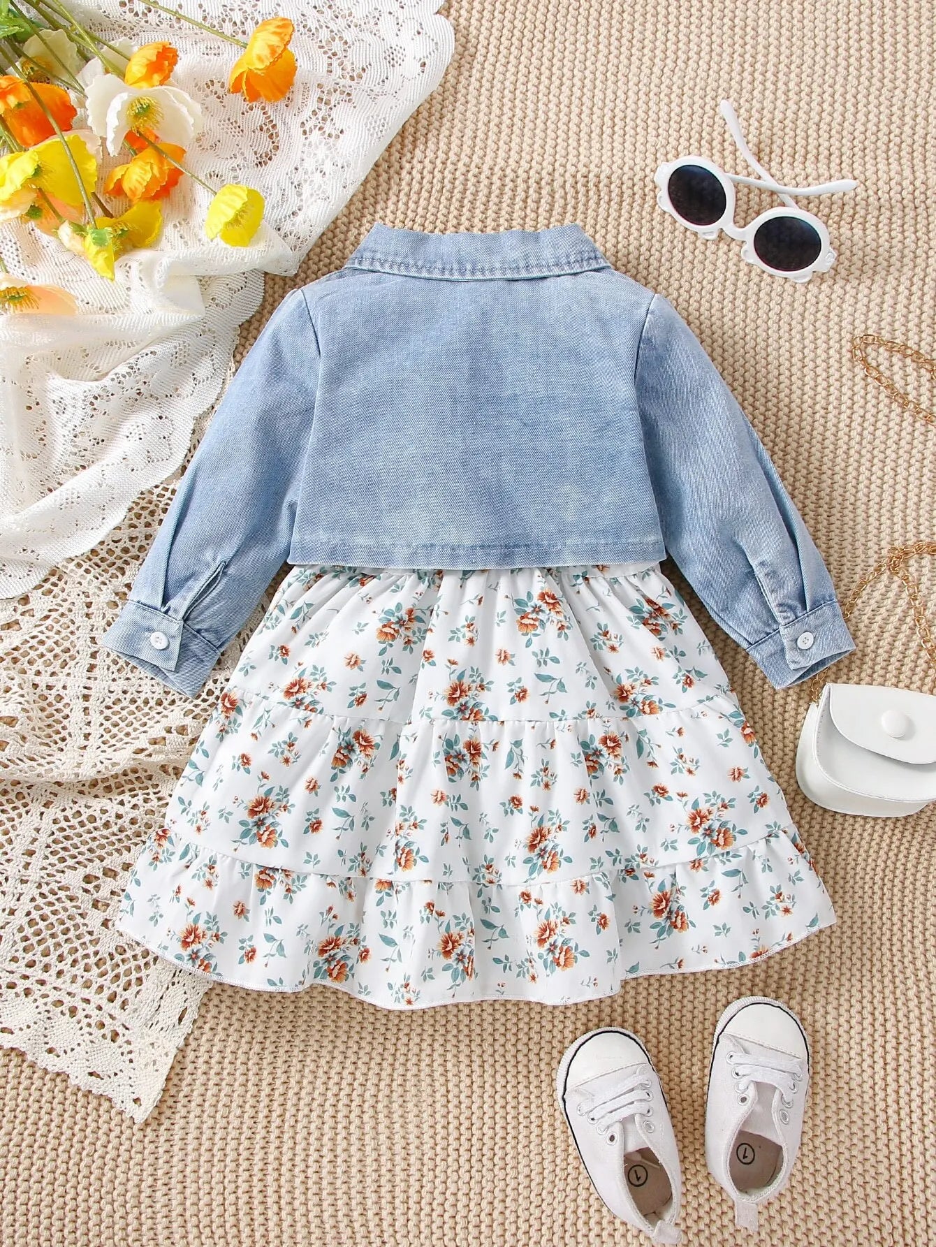 Floral Dress With Denim Jacket 2-pc Set