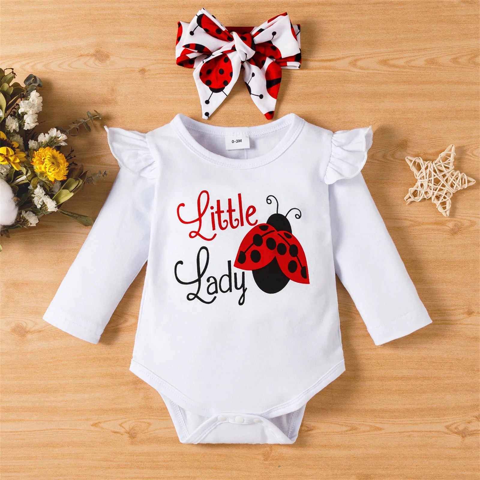 3-pc Ladybug Romper Bowknot Headband Set