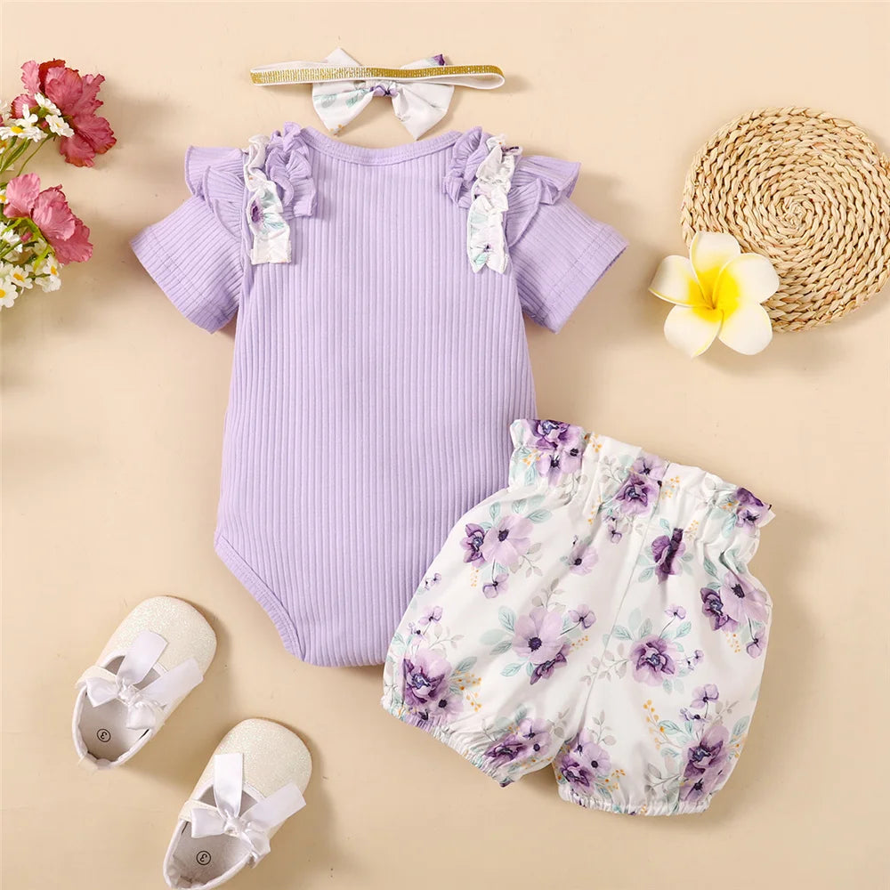 Baby Girl Purple Short Sleeve Romper + Flower Shorts with Headband Set