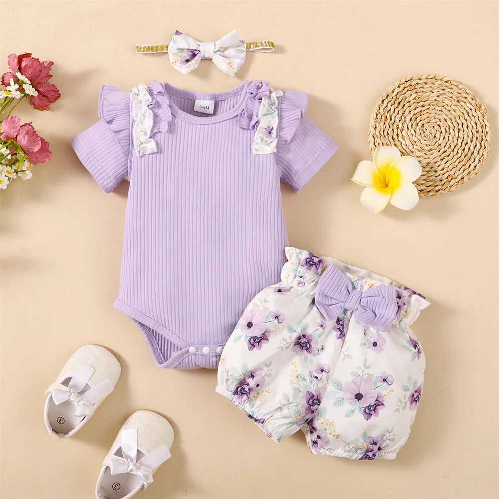 Baby Girl Purple Short Sleeve Romper + Flower Shorts with Headband Set