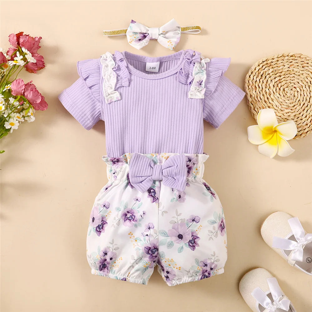 Baby Girl Purple Short Sleeve Romper + Flower Shorts with Headband Set