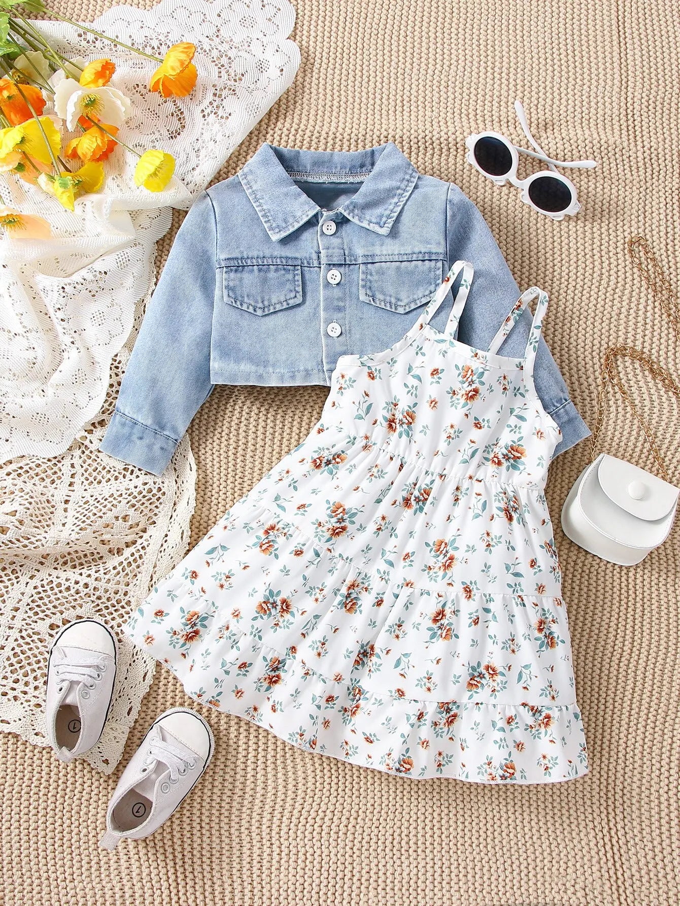 Floral Dress With Denim Jacket 2-pc Set