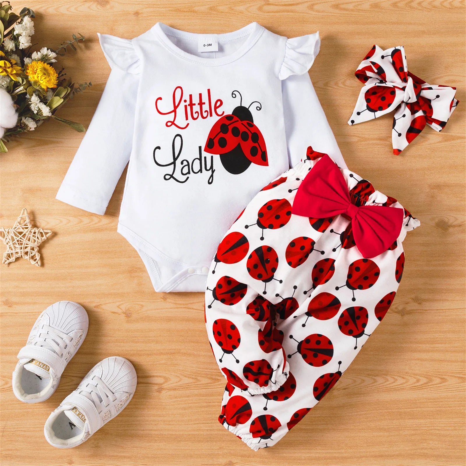 3-pc Ladybug Romper Bowknot Headband Set